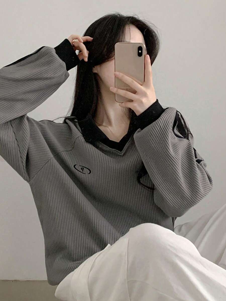 DAZY Women's Contrast Color Block Striped Long Sleeve Casual Letter Print Sweatshirt, Collegiate Style,Long Sleeve Tops,Fall Clothes