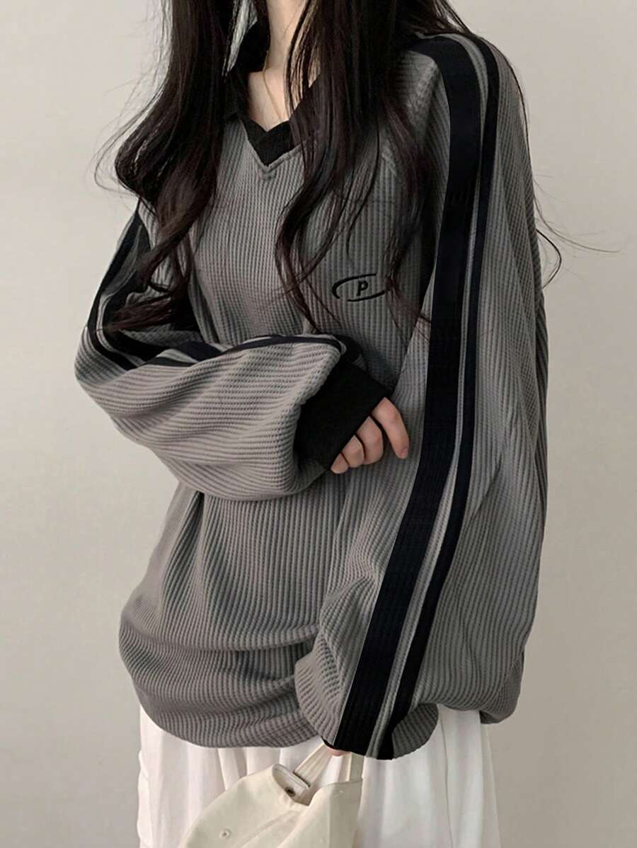 DAZY Women's Contrast Color Block Striped Long Sleeve Casual Letter Print Sweatshirt, Collegiate Style,Long Sleeve Tops,Fall Clothes