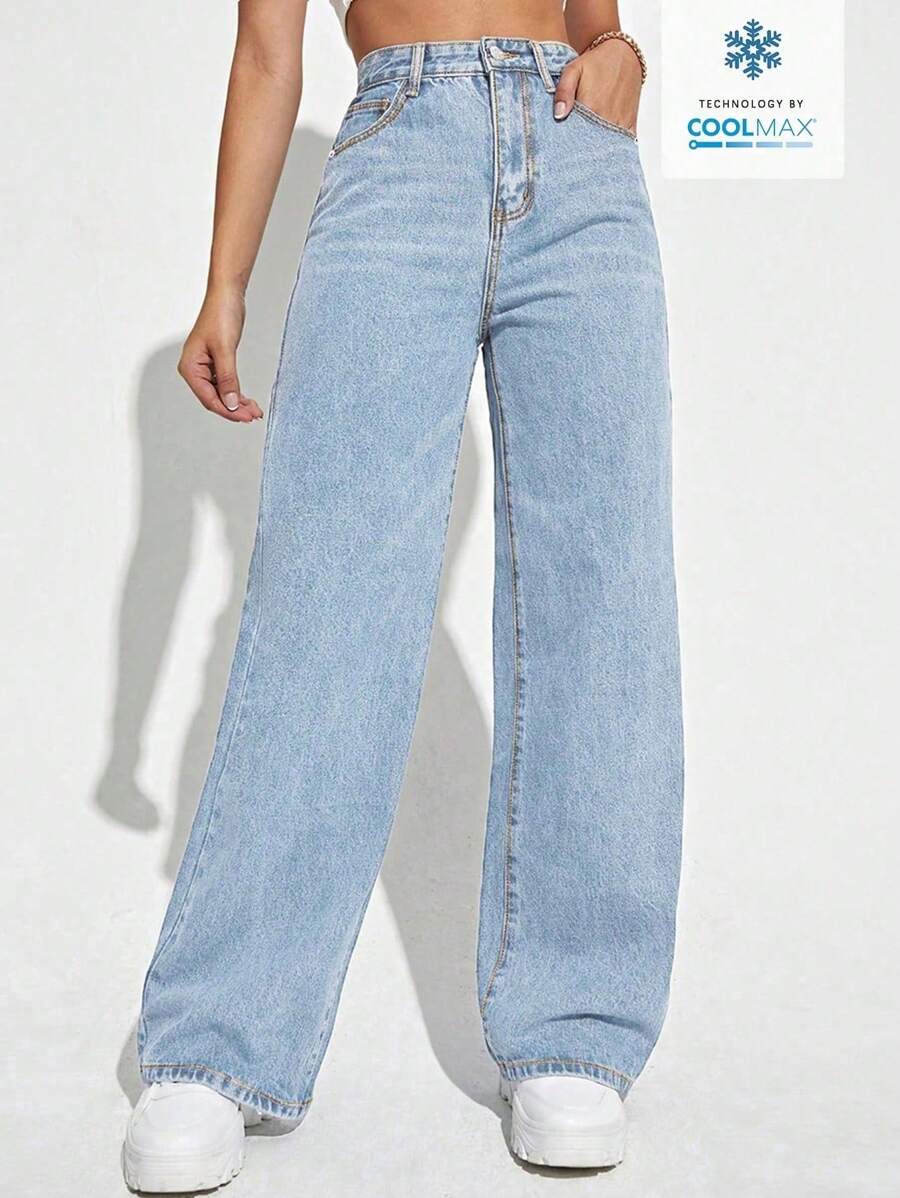 SHEIN ICON Casual Relaxed-Fit High-Waist Straight Leg Denim Jeans