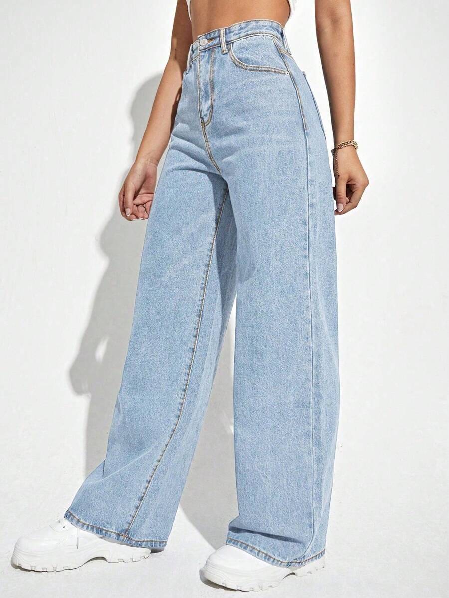 SHEIN ICON Casual Relaxed-Fit High-Waist Straight Leg Denim Jeans