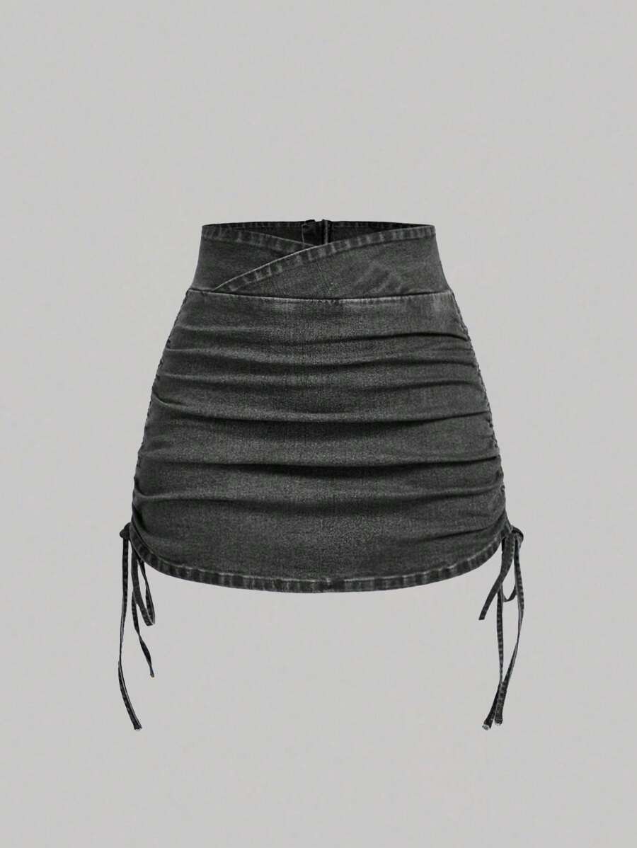 SHEIN x Lina SHEIN MOD Women's Casual Denim Skirt With Zipper Back And Side Ruched Design