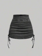 SHEIN x Lina SHEIN MOD Women's Casual Denim Skirt With Zipper Back And Side Ruched Design