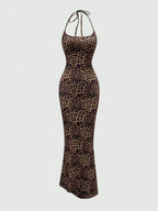 Sweetra Women's Leopard Print Mermaid Hem Fitted Elegant Halter Neck Dress Maxi Women Outfit