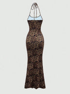 Sweetra Women's Leopard Print Mermaid Hem Fitted Elegant Halter Neck Dress Maxi Women Outfit