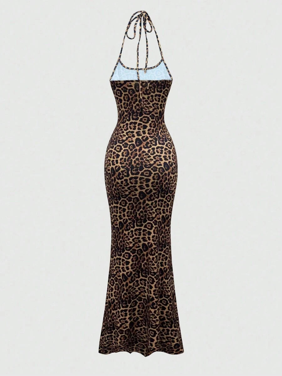 Sweetra Women's Leopard Print Mermaid Hem Fitted Elegant Halter Neck Dress Maxi Women Outfit