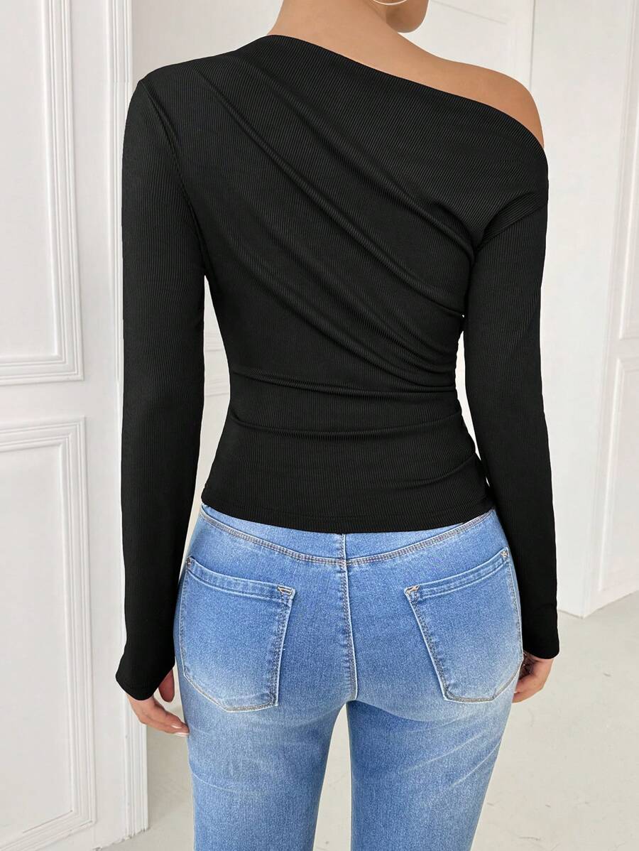 EMERY ROSE Women's Marble Ombre Print Asymmetric Neck Fitted Elegant Pleated Long Sleeve T-Shirt Graphic Tees Women Tops For Spring Outfit