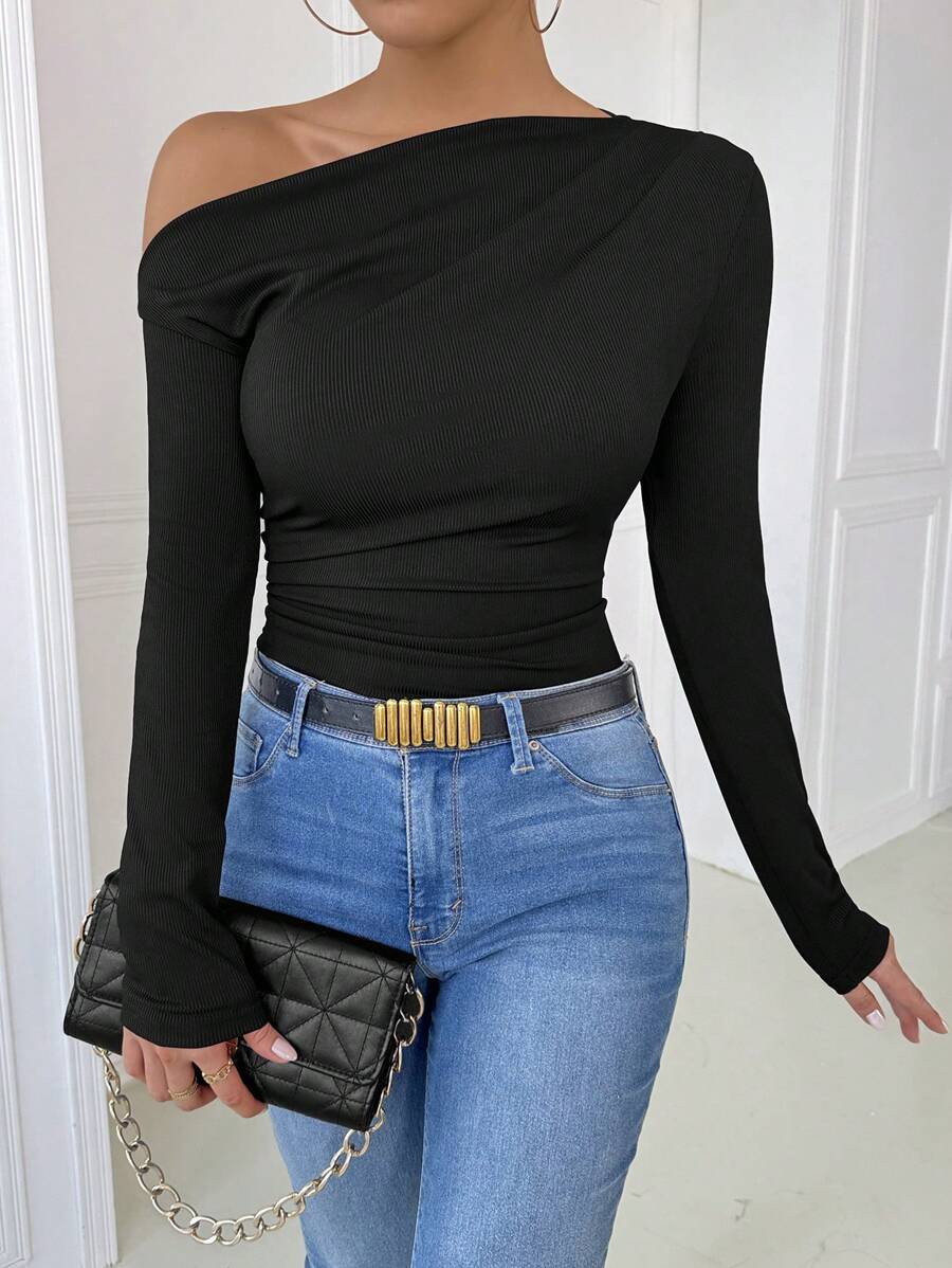 EMERY ROSE Women's Marble Ombre Print Asymmetric Neck Fitted Elegant Pleated Long Sleeve T-Shirt Graphic Tees Women Tops For Spring Outfit