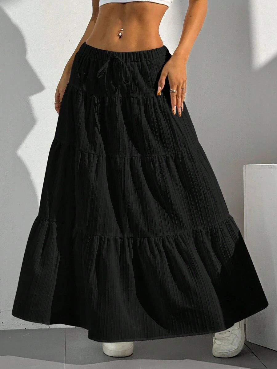 MainGRL Women Solid Color High Waist Tie Ruffled Hem Maxi Skirt