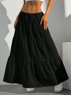 MainGRL Women Solid Color High Waist Tie Ruffled Hem Maxi Skirt
