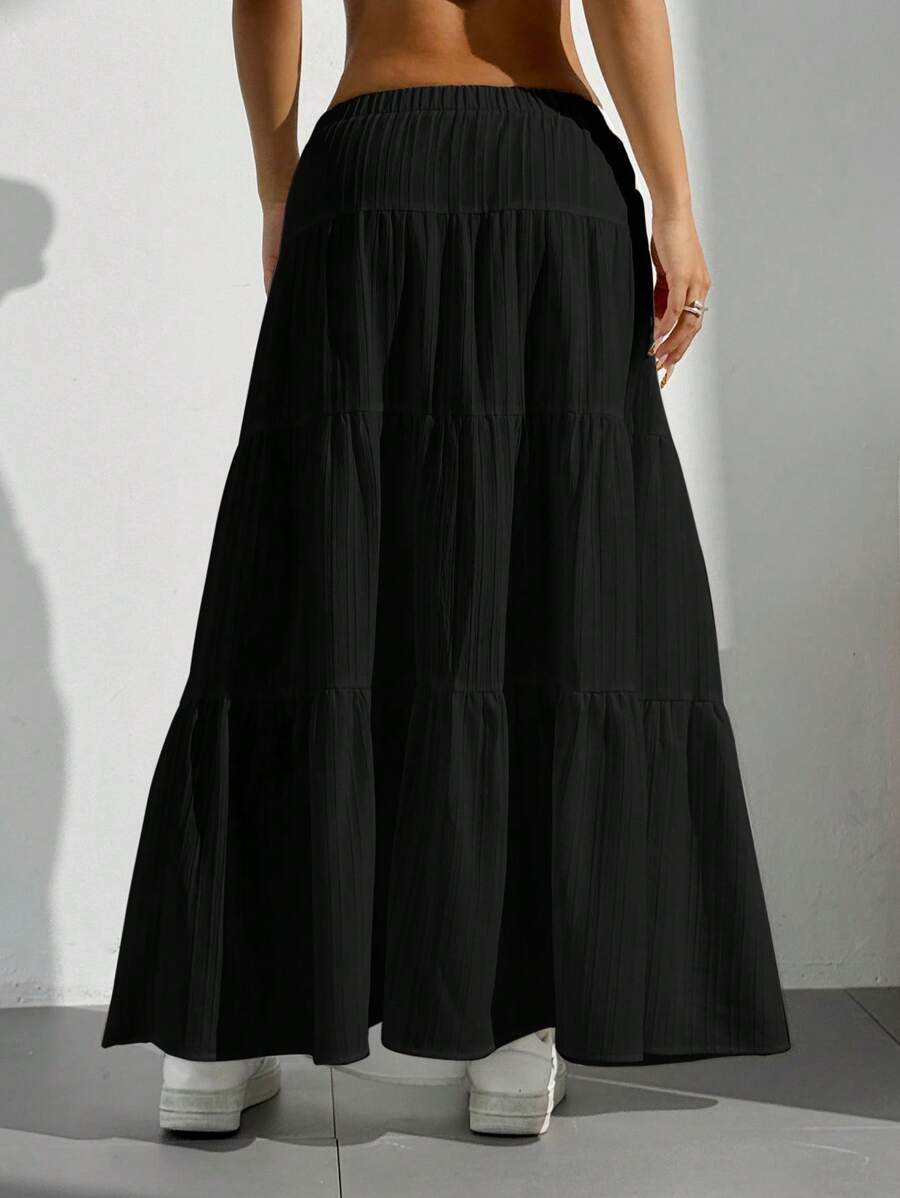 MainGRL Women Solid Color High Waist Tie Ruffled Hem Maxi Skirt