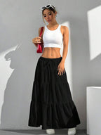 MainGRL Women Solid Color High Waist Tie Ruffled Hem Maxi Skirt