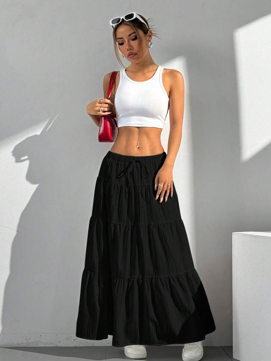 MainGRL Women Solid Color High Waist Tie Ruffled Hem Maxi Skirt
