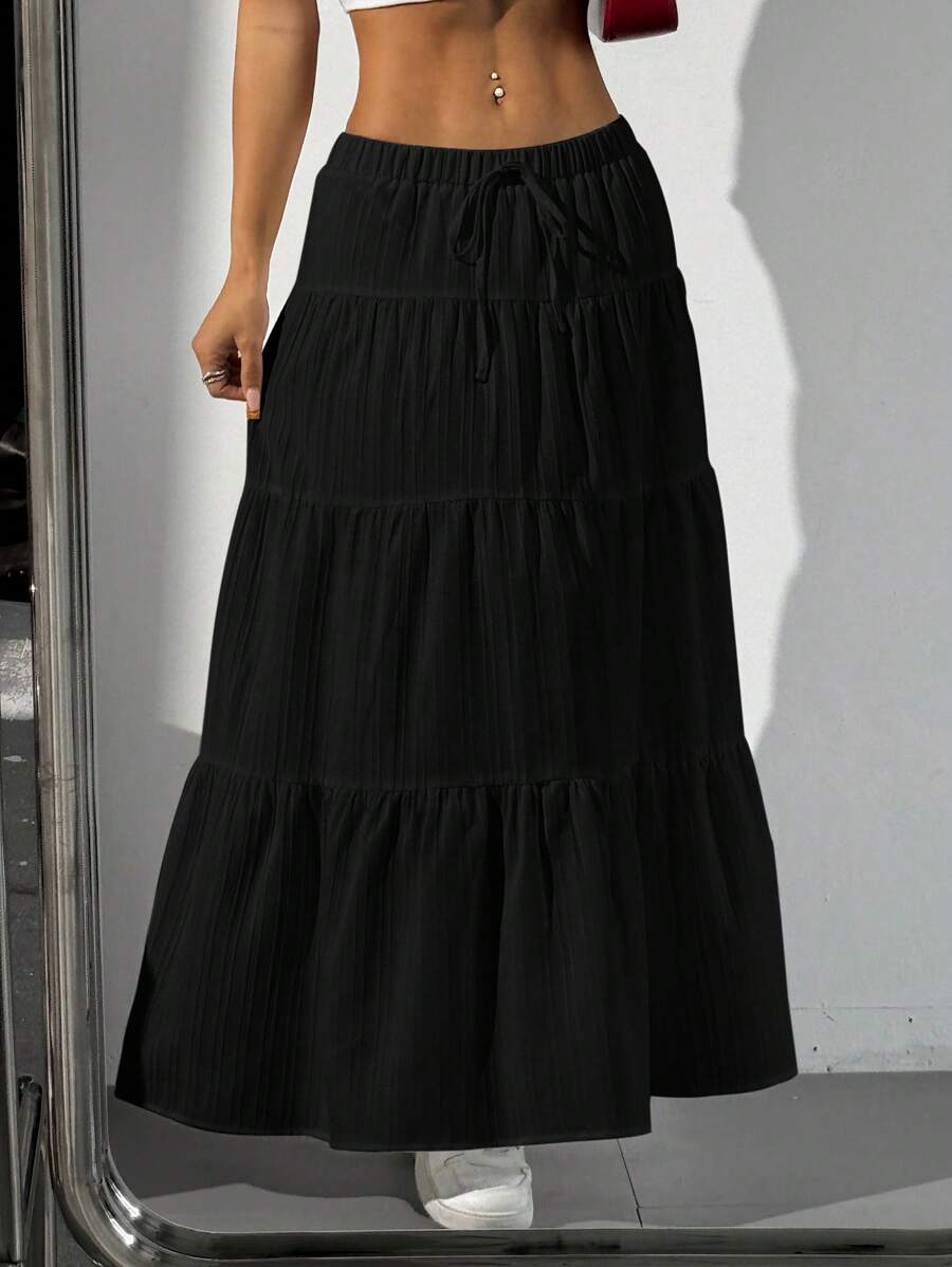 MainGRL Women Solid Color High Waist Tie Ruffled Hem Maxi Skirt