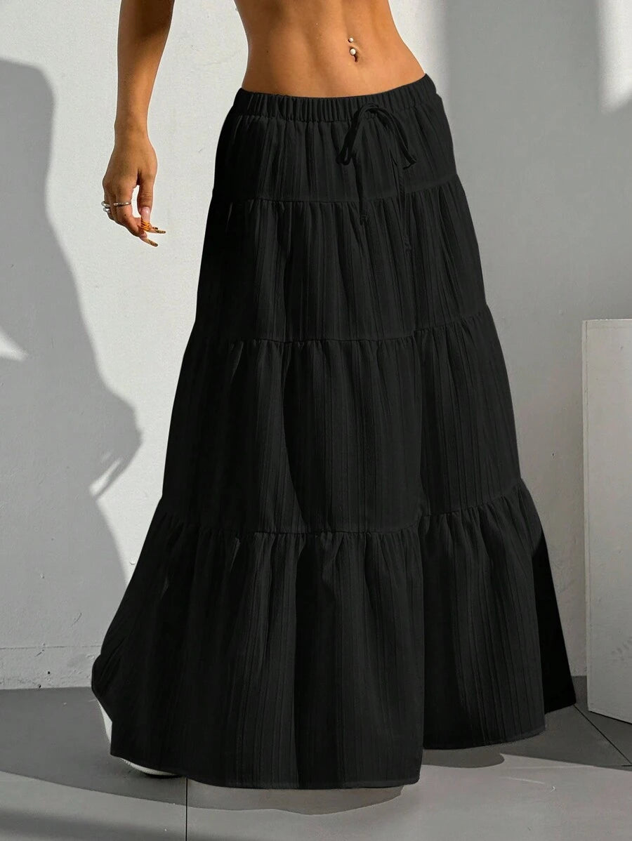MainGRL Women Solid Color High Waist Tie Ruffled Hem Maxi Skirt