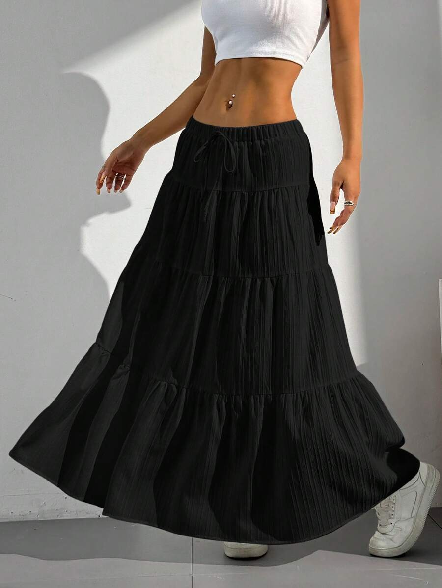 MainGRL Women Solid Color High Waist Tie Ruffled Hem Maxi Skirt
