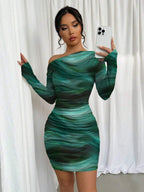 Selianne 1pc Women Fitted Tie Dye Print Ruched Oblique Shoulder Long Sleeve Dress For New Year Clothes Fall Cloth For Women