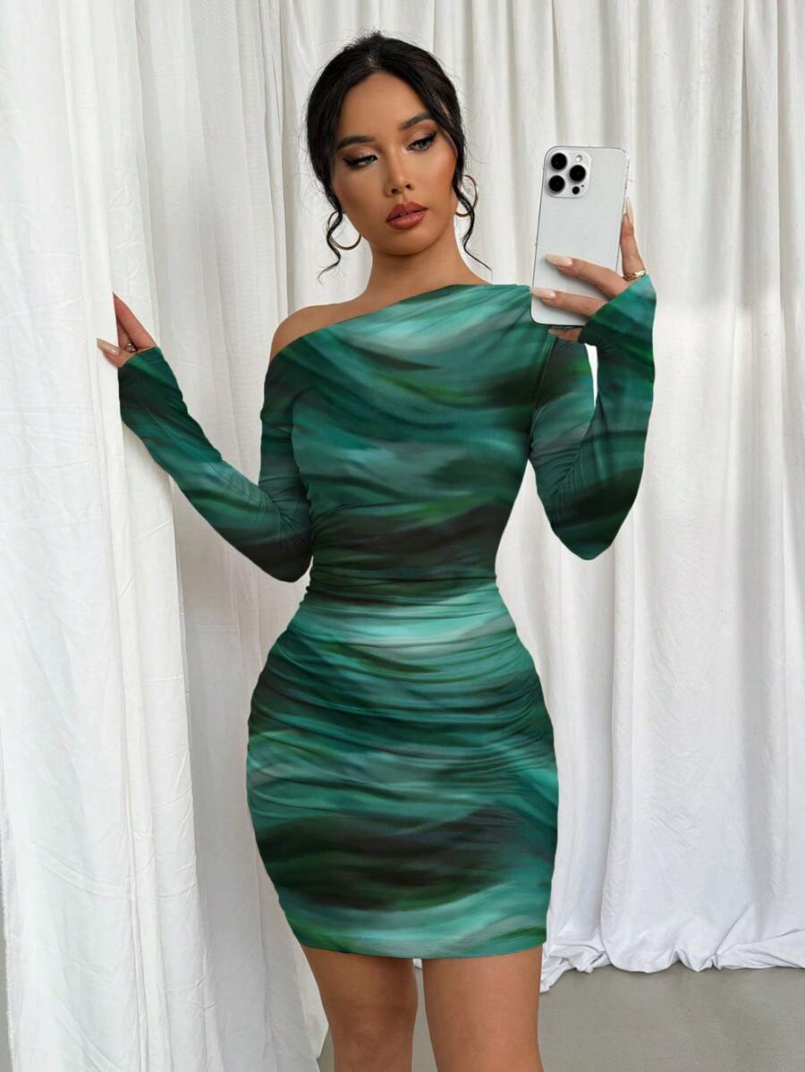 Selianne 1pc Women Fitted Tie Dye Print Ruched Oblique Shoulder Long Sleeve Dress For New Year Clothes Fall Cloth For Women