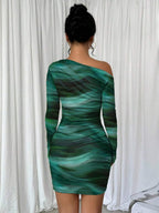 Selianne 1pc Women Fitted Tie Dye Print Ruched Oblique Shoulder Long Sleeve Dress For New Year Clothes Fall Cloth For Women