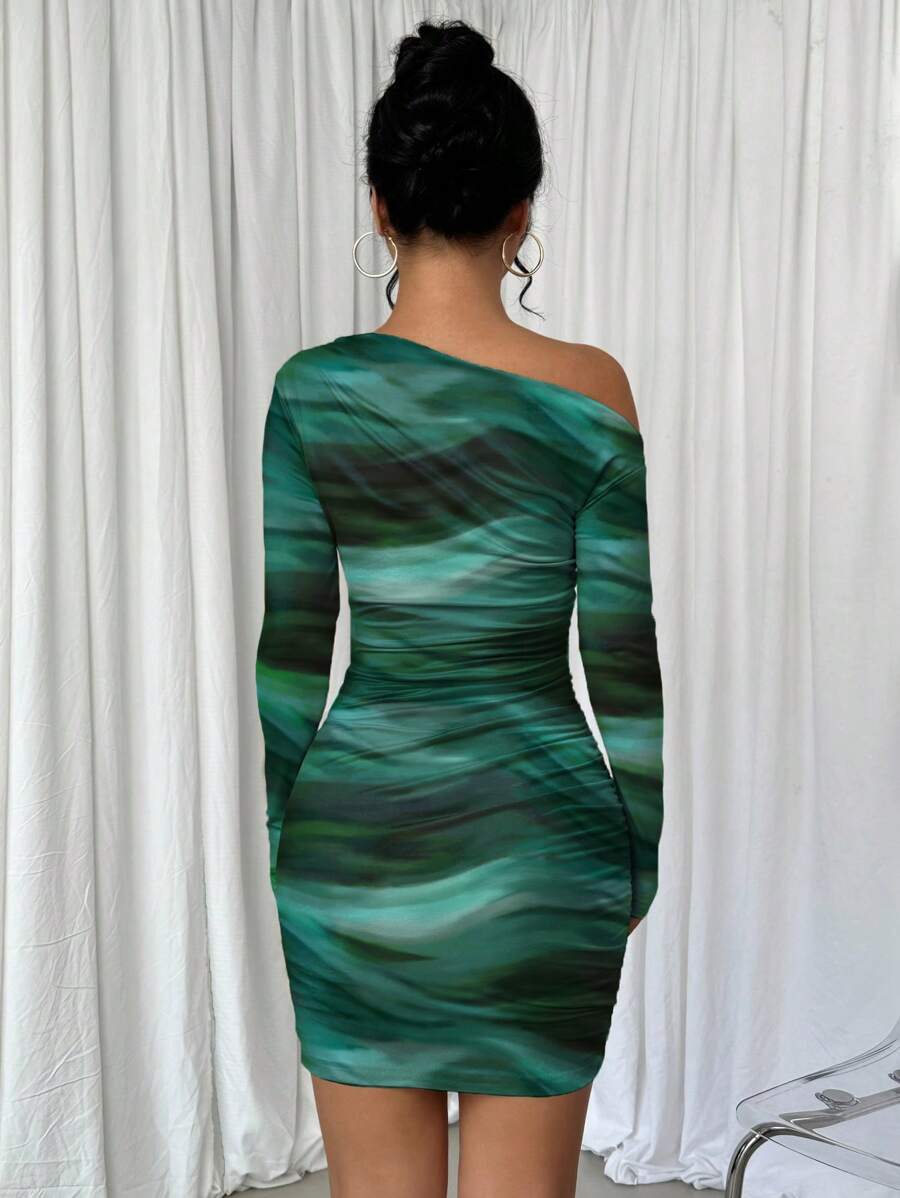 Selianne 1pc Women Fitted Tie Dye Print Ruched Oblique Shoulder Long Sleeve Dress For New Year Clothes Fall Cloth For Women