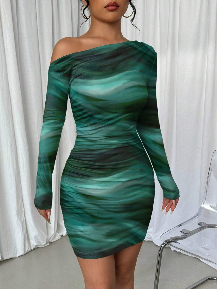 Selianne 1pc Women Fitted Tie Dye Print Ruched Oblique Shoulder Long Sleeve Dress For New Year Clothes Fall Cloth For Women