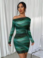 Selianne 1pc Women Fitted Tie Dye Print Ruched Oblique Shoulder Long Sleeve Dress For New Year Clothes Fall Cloth For Women