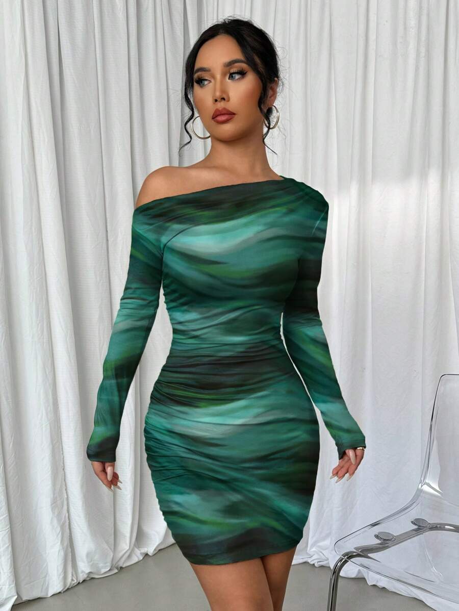 Selianne 1pc Women Fitted Tie Dye Print Ruched Oblique Shoulder Long Sleeve Dress For New Year Clothes Fall Cloth For Women