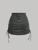 SHEIN x Lina SHEIN MOD Women's Casual Denim Skirt With Zipper Back And Side Ruched Design