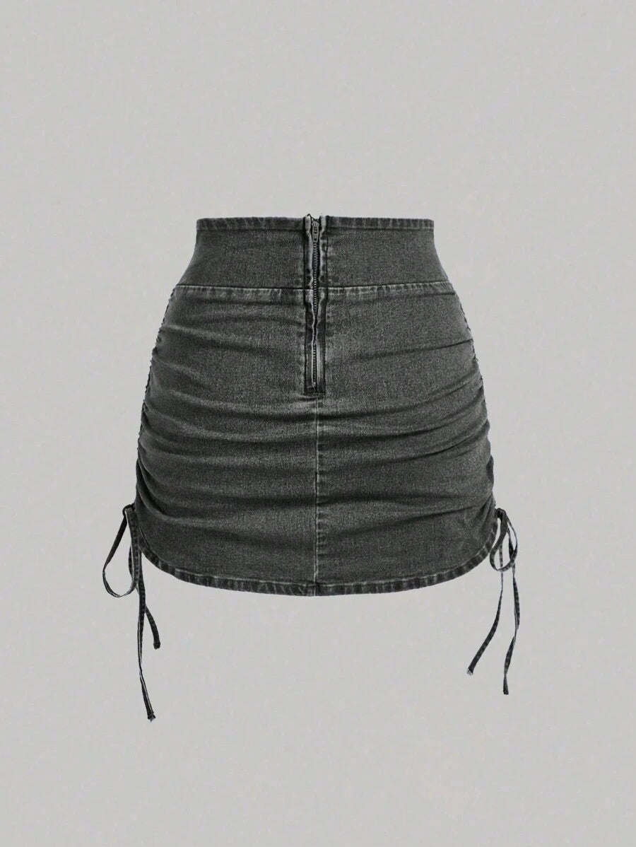 SHEIN x Lina SHEIN MOD Women's Casual Denim Skirt With Zipper Back And Side Ruched Design