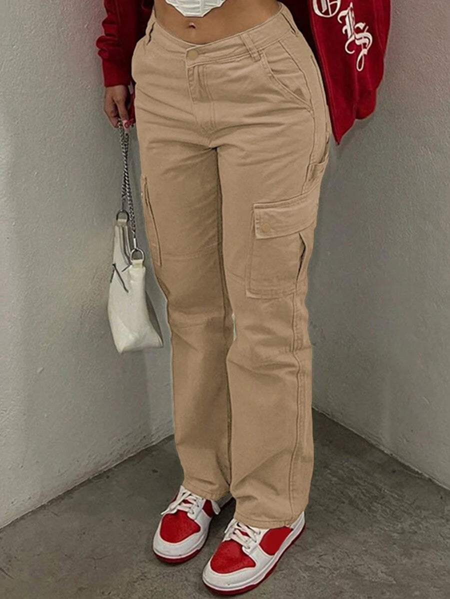 GILIPUR New Solid Color Women's Cargo Wide-Leg Pants, Elastic Waist Design, Multiple Pockets, Casual Style, Y2K Style, Elegant And Fashionable, Suitable Streetwear, 2000s Style, Autumn And Winter Outfits, Retro Clothing Style Perfect For New Year Winter And Thanksgiving