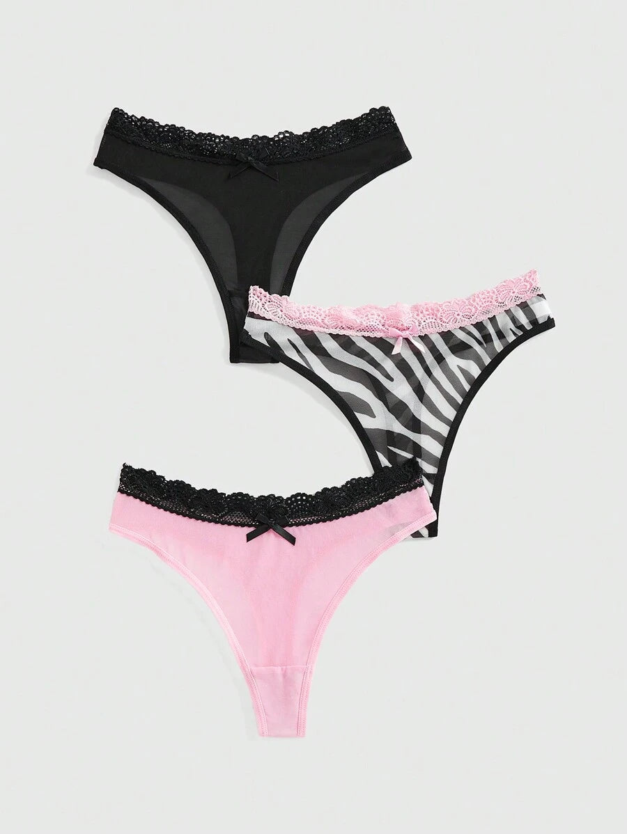 ROMWE J-Fashion 3pcs Y2K Harajuku Leopard Print Mesh & Lace Trim Women Narrow Band Brief Panty Set