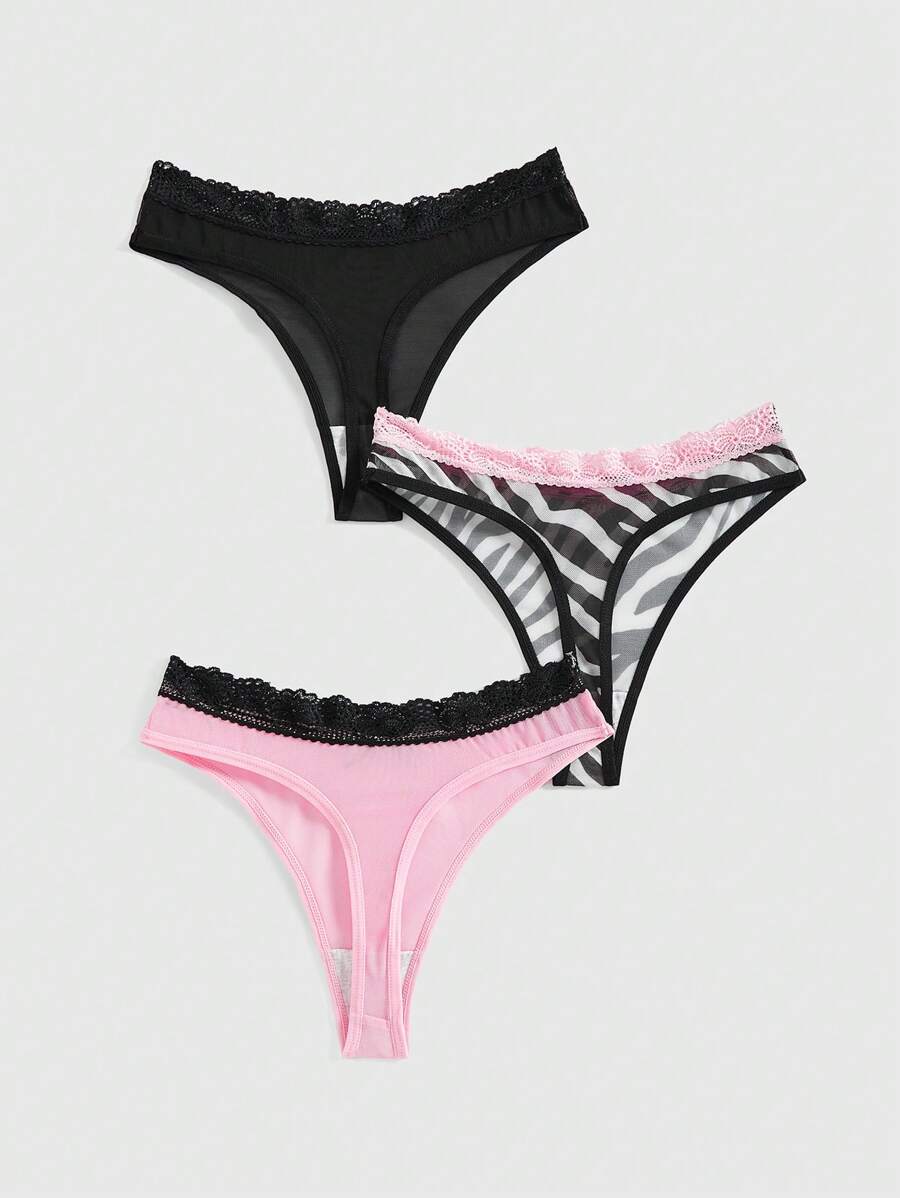 ROMWE J-Fashion 3pcs Y2K Harajuku Leopard Print Mesh & Lace Trim Women Narrow Band Brief Panty Set
