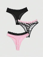 ROMWE J-Fashion 3pcs Y2K Harajuku Leopard Print Mesh & Lace Trim Women Narrow Band Brief Panty Set