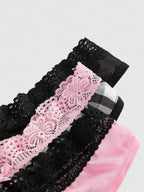 ROMWE J-Fashion 3pcs Y2K Harajuku Leopard Print Mesh & Lace Trim Women Narrow Band Brief Panty Set