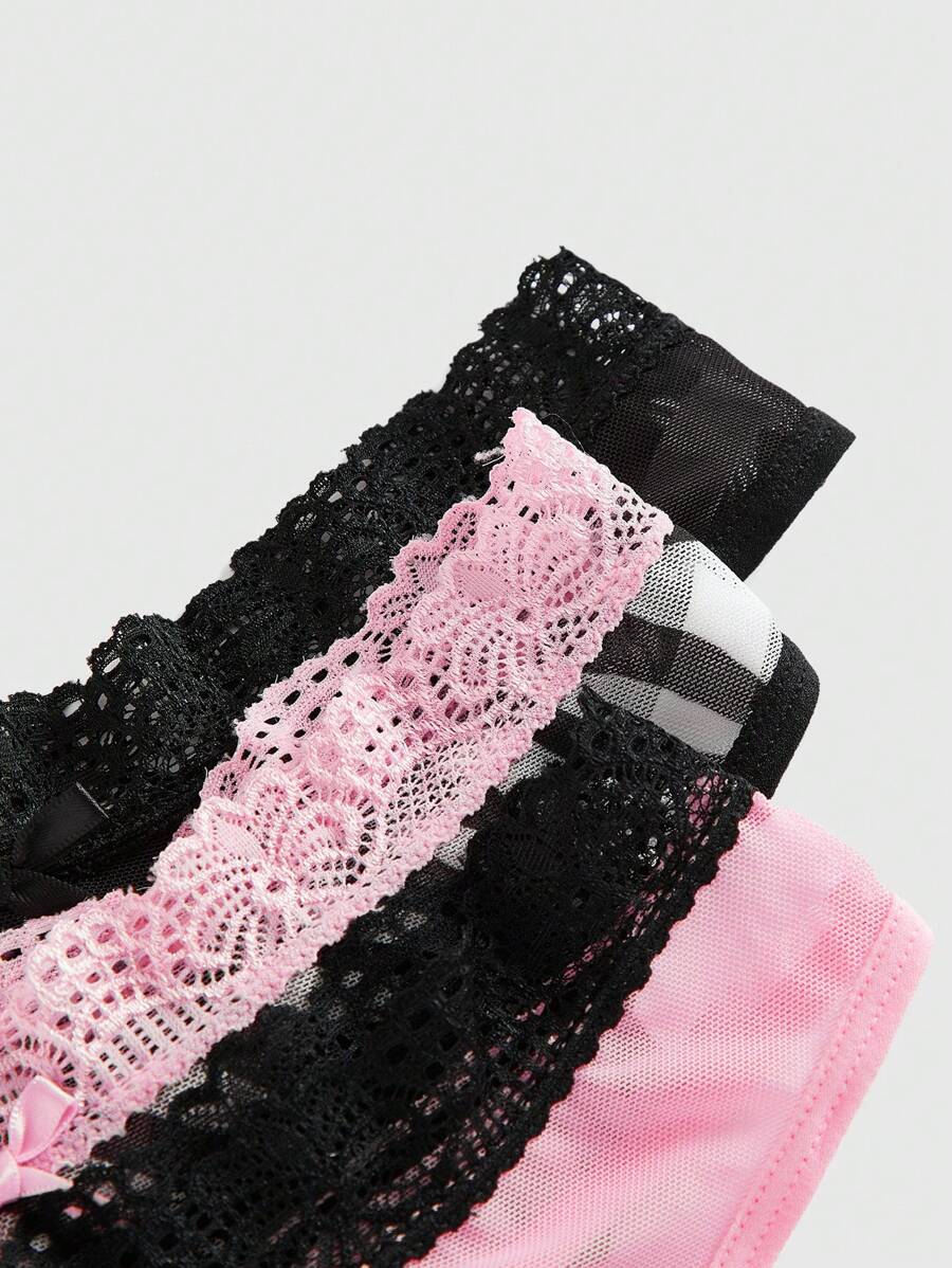 ROMWE J-Fashion 3pcs Y2K Harajuku Leopard Print Mesh & Lace Trim Women Narrow Band Brief Panty Set