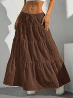 MainGRL Women Solid Color High Waist Tie Ruffled Hem Maxi Skirt