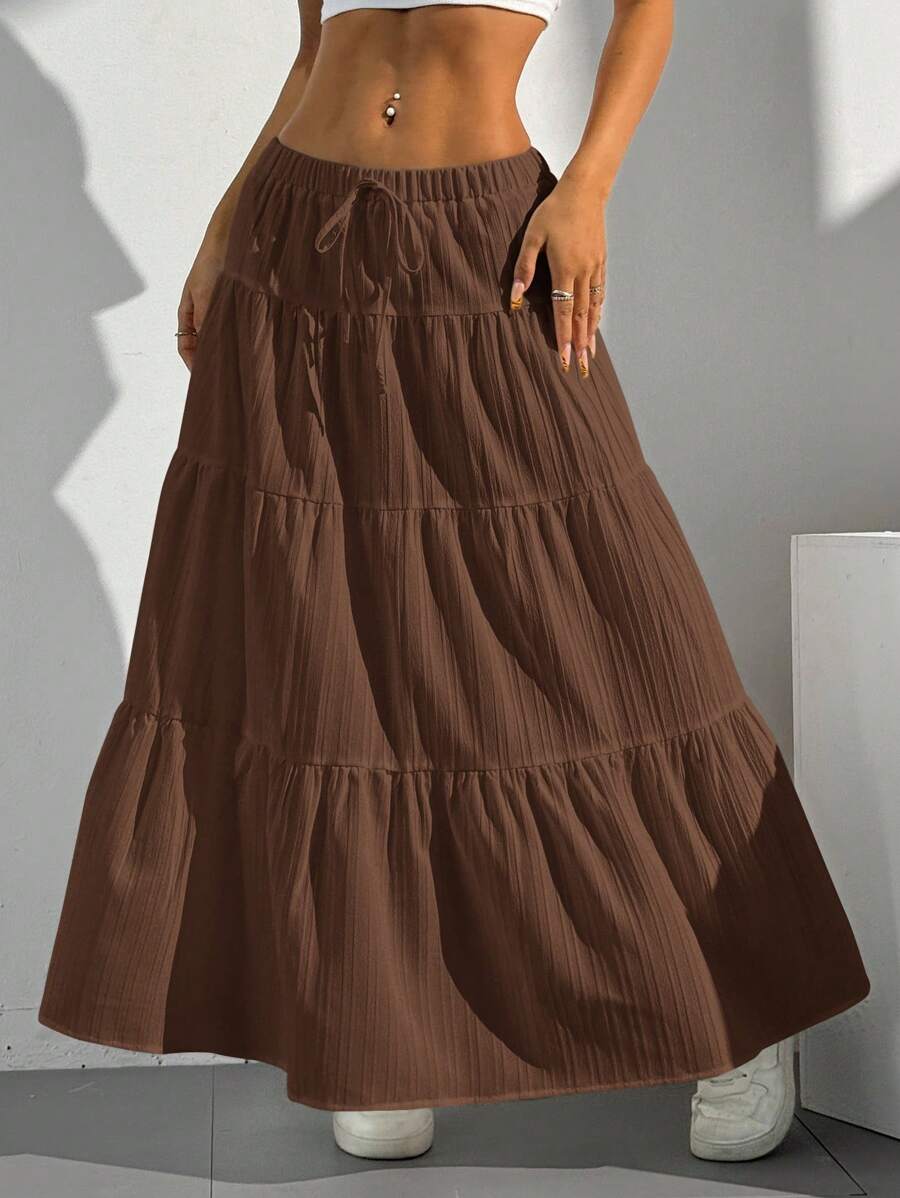 MainGRL Women Solid Color High Waist Tie Ruffled Hem Maxi Skirt