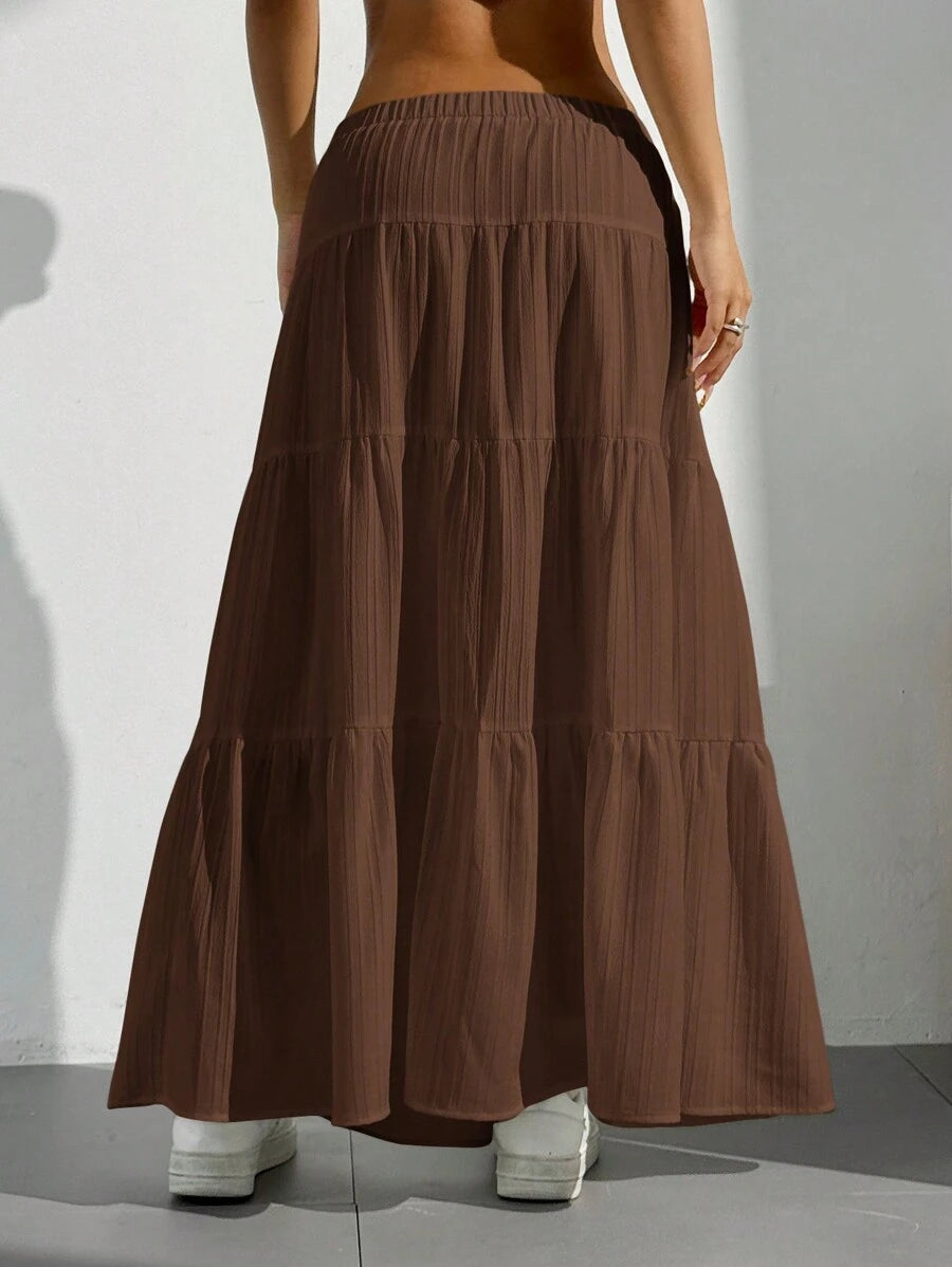 MainGRL Women Solid Color High Waist Tie Ruffled Hem Maxi Skirt