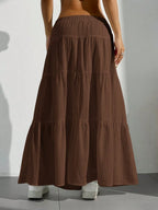MainGRL Women Solid Color High Waist Tie Ruffled Hem Maxi Skirt