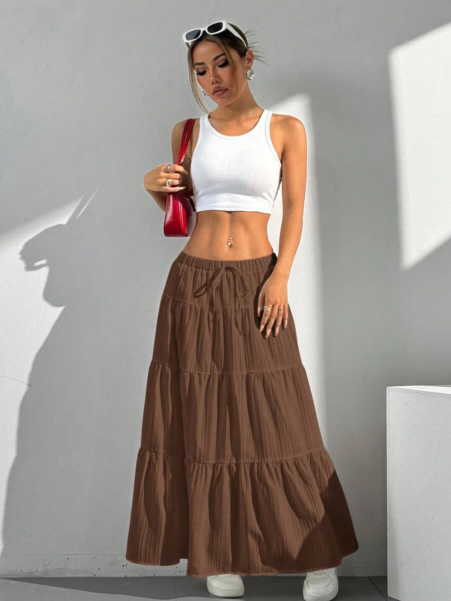 MainGRL Women Solid Color High Waist Tie Ruffled Hem Maxi Skirt