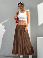 MainGRL Women Solid Color High Waist Tie Ruffled Hem Maxi Skirt