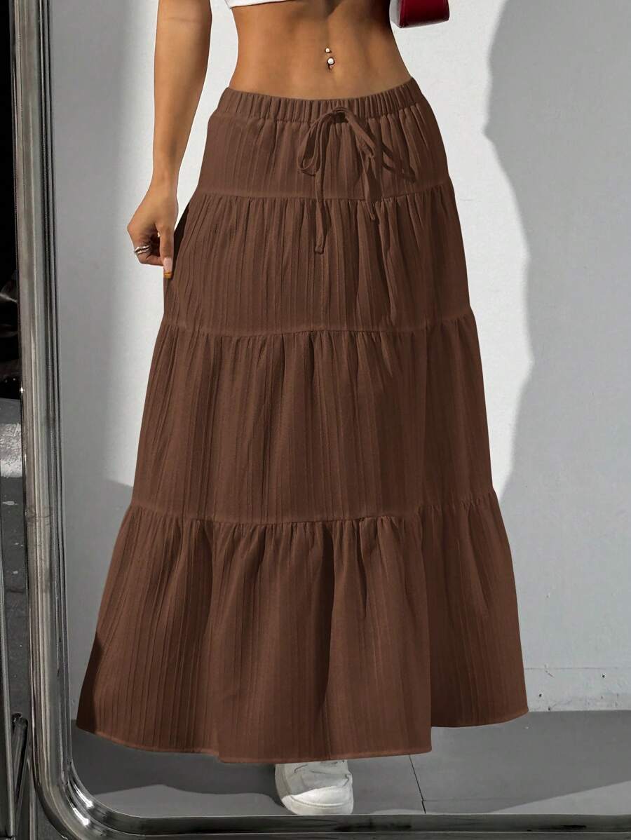 MainGRL Women Solid Color High Waist Tie Ruffled Hem Maxi Skirt