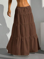 MainGRL Women Solid Color High Waist Tie Ruffled Hem Maxi Skirt