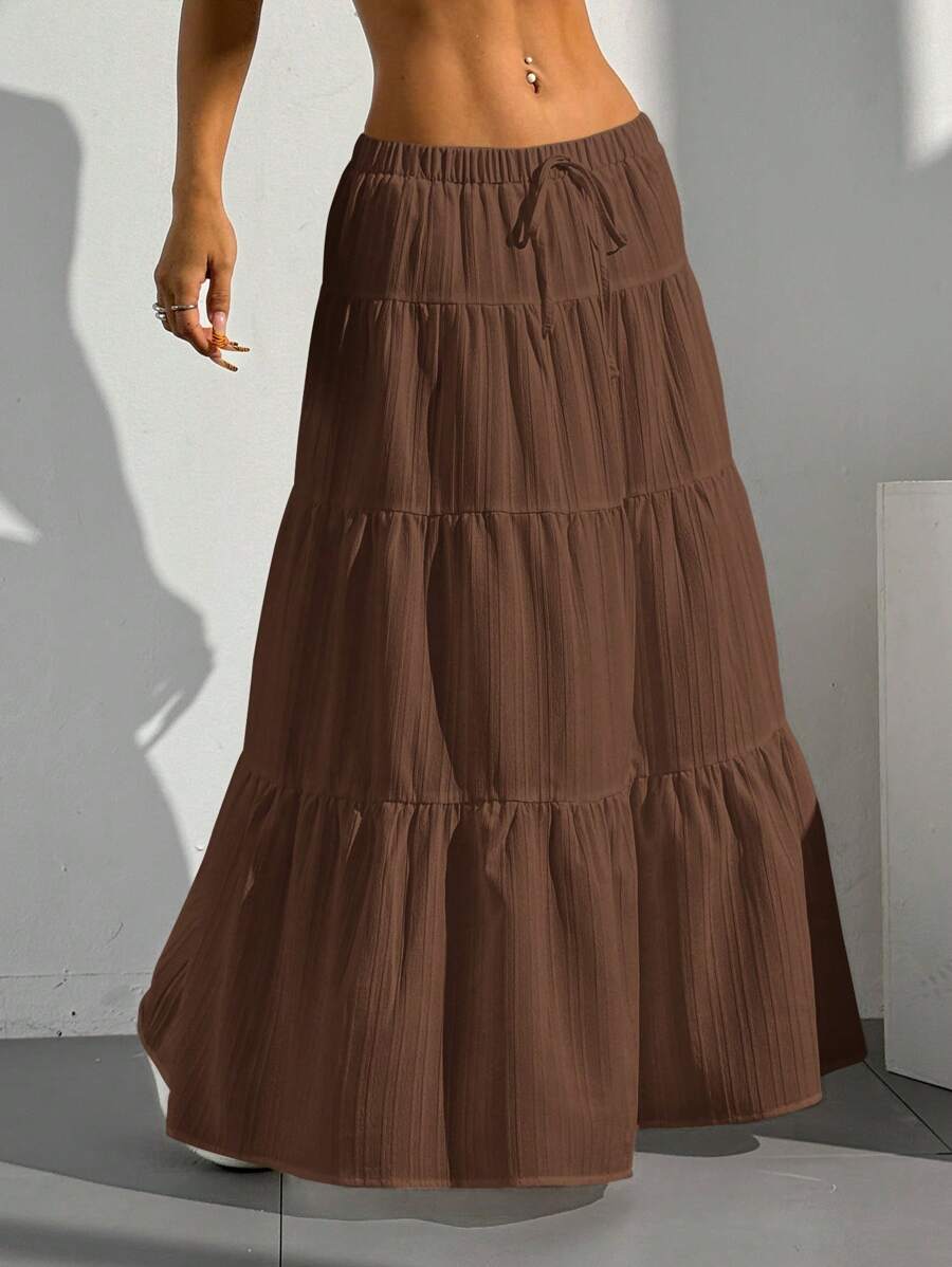 MainGRL Women Solid Color High Waist Tie Ruffled Hem Maxi Skirt