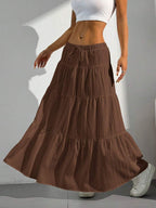 MainGRL Women Solid Color High Waist Tie Ruffled Hem Maxi Skirt