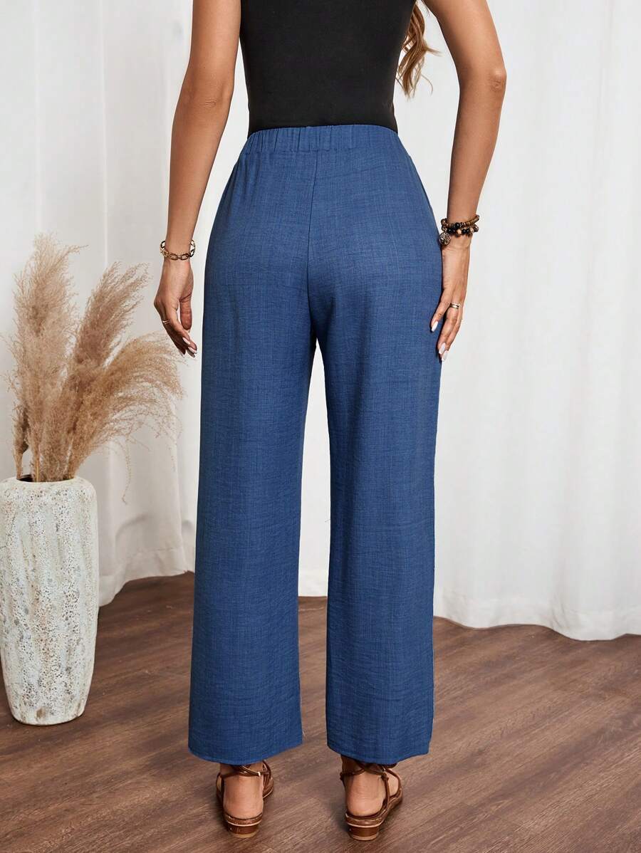 EMERY ROSE Women's Denim Effect Linen Blend Pants With Lace Hem Fall Cloth For Women