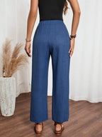 EMERY ROSE Women's Denim Effect Linen Blend Pants With Lace Hem Fall Cloth For Women