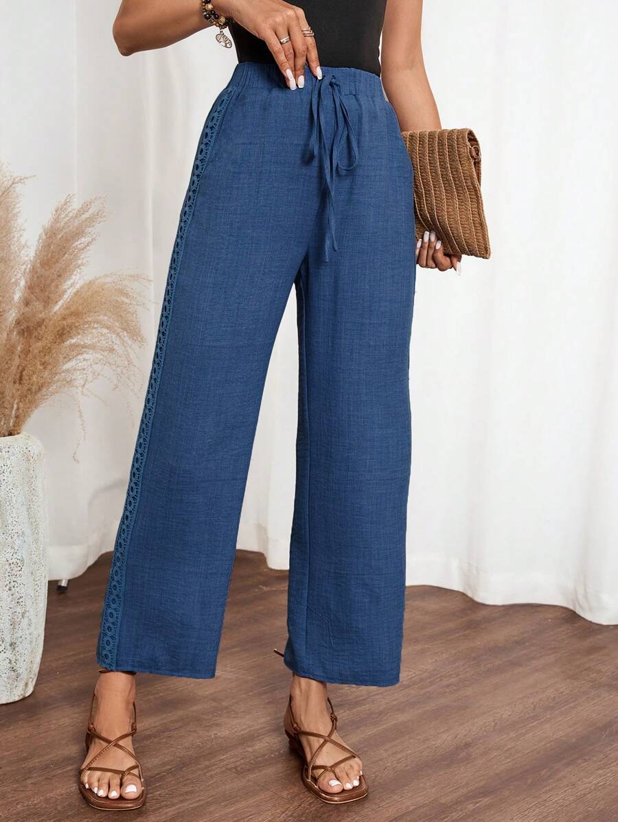 EMERY ROSE Women's Denim Effect Linen Blend Pants With Lace Hem Fall Cloth For Women