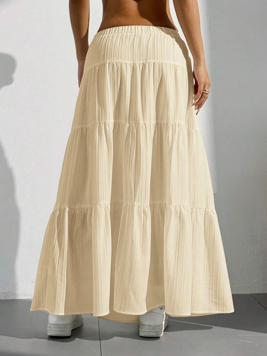 MainGRL Women Solid Color High Waist Tie Ruffled Hem Maxi Skirt