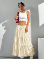 MainGRL Women Solid Color High Waist Tie Ruffled Hem Maxi Skirt