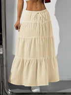 MainGRL Women Solid Color High Waist Tie Ruffled Hem Maxi Skirt